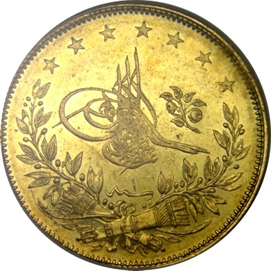elf Turkey 100 Kurush Gold AH1293/Yr 1 AD1876 ANACSAU58