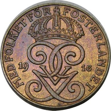 elf Sweden 2 Ore 1916 6/5 Overdate  World War I