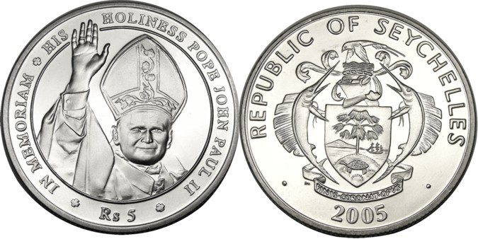 elf Seychelles 5 Rupees 2005 Pope John Paul II Turtle  